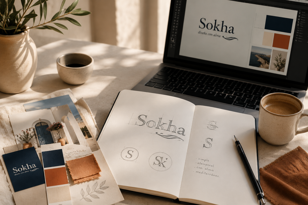 Diseño de logotipo profesional con bocetos, identidad visual y branding en el estudio creativo Sokha